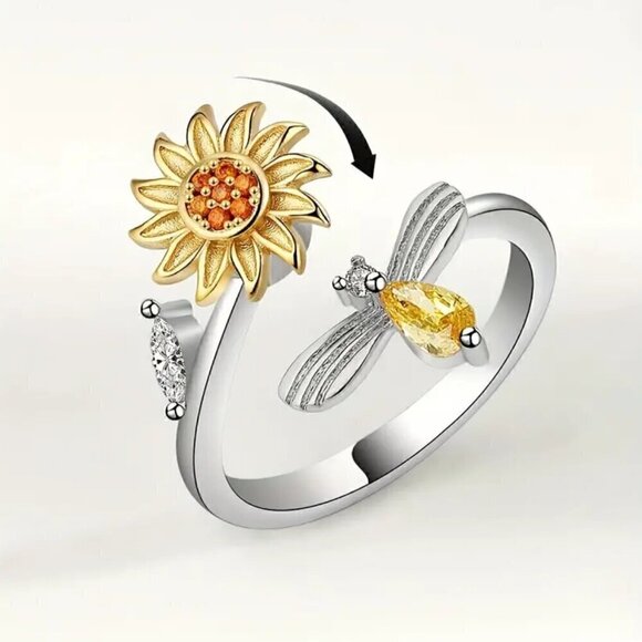 Boho Bee and Flower Fidget Spinner Ring Adjustable Size #1361 - Picture 1 of 10